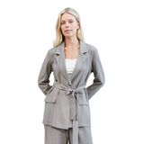 Kadın İpeksi Modal Kumaş Yakalı Cep Kapaklı Kolları Düğmeli Bağcıklı Uzun Blazer Baharlık Ceket-Antrasit