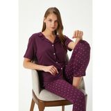 Kadın Jayla Viskon Yıldız Desen Ön Düğmeli Kısa Kol Mürdüm Alt Üst Pijama Takımı