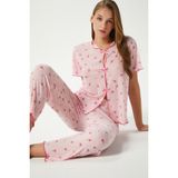 Kadın Juliet Kurdeleli Yumuşak Doku Pembe Çiçekli Pijama Takımı