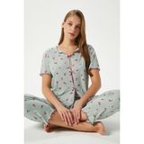 Kadın Juliet Kurdeleli Yumuşak Doku Yeşil Çiçekli Pijama Takımı