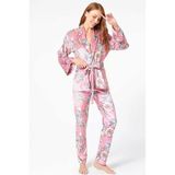 Kadın Kadife Çiçek Baskılı Uzun Kol Sabahlık Ve Pantolon Pijama Takım (9732)