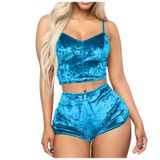 Kadın Kadife Pijama Takımı, 2 Parça Şortlu Set, Yumuşak Ev Giyim Loungewear, Askılı Üst ve Şort (Açık Mavi, L)