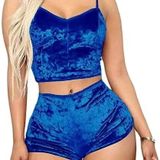 Kadın Kadife Pijama Takımı, 2 Parça Şortlu Set, Yumuşak Ev Giyim Loungewear, Askılı Üst ve Şort (Mavi, L)