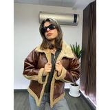 Kadın Kahverengi Içi Kürklü Düğmeli Suni Deri Mont HZL23W-BRC129331 - Camel - 34