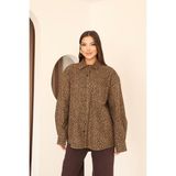 Kadın Kahverengi Leopar Desenli Düğme Detaylı Gömlek Yaka Oversize Ceket - L - XL