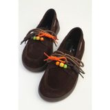 Kadın Kahverengi Süet Boncuk Detaylı Bağcıklı Loafer