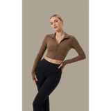 Kadın Kahverengi Uzun Kol Fermuarlı Parmak Geçme Detaylı Dik Yaka Crop Top Bluz - Şık, Rahat Ve Kola