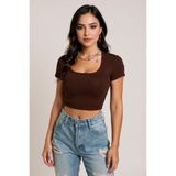 Kadın Kahverengi Yarım Kol Düz Yaka Crop Top Bluz – Şık, Rahat Ve Kolay Kombinlenebilir