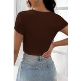 Kadın Kahverengi Yarım Kol Düz Yaka Crop Top Bluz