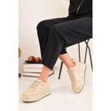Kadın Kalın Yüksek Hafif Taban Spor Ayakkabı Sneaker - Bej