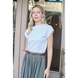 Kadın Kaliteli Likrasız Span Kumaş Geniş Sıfır Yaka Duble Kollu Apoletli Düğmeli T-shirt Bluz-Beyaz