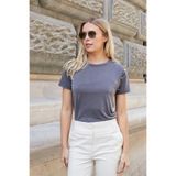 Kadın Kaliteli Modal Kumaş Sıfır Yaka Düğme Aksesuarlı Kısa Kol T-shirt Bluz-Antrasit