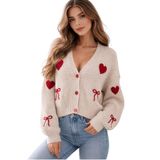 Kadın Kalp ve Fiyonk Desenli Nakışlı Triko Hırka – Love Knit, ekru, standart