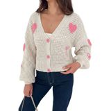 Kadın Kalp ve Fiyonk Desenli Nakışlı Triko Hırka – Love Knit, pembe, standart
