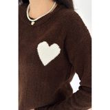 Kadın Kalpli Kalın Triko Kazak – Oversize & Minimal Romantik Stil - Kahverengi - Standart