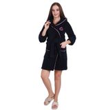 Kadın Kapşonlu Nakışlı%100 Bambu Kısa Sabahlık lacivert 2XL