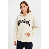 Kadın Kapüşonlu 3 İplik Şardonlu Önü Baskılı Fermuarlı Oversize Sweatshirt - Beyaz