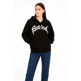 Kadın Kapüşonlu 3 İplik Şardonlu Önü Baskılı Fermuarlı Oversize Sweatshirt - Siyah
