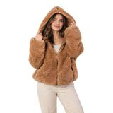 Kadın Kapüşonlu Fermuarlı Peluş Polar Hırka – Yumuşak, Sıcak ve Rahat Kışlık Ceket (Kahve, L-XL)