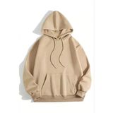 Kadın Kapüşonlu Kanguru Cepli 3 İplik Pamuklu Düz Hoodie Sweatshirt - Bej