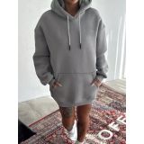 Kadın Kapüşonlu Kanguru Cepli 3 İplik Pamuklu Oversize Hoodie Sweatshirt - Boyalı Gri