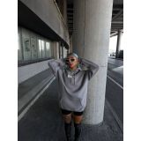 Kadın Kapüşonlu Kanguru Cepli Sweatshirt 3 İplik Pamuklu Baskılı Hoodie - Gri