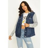 Kadın Kapüşonlu Kolları Penye Oversize Denim Ceket Blue Mavi 34