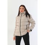 Kadın Kapüşonlu Polarlı Kürklü Su Geçirmez Rüzgara Dayanıklı Şişme Mont Kaban Parka - Taş - 3XL