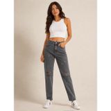 KADIN KAR SİYAH YÜKSEK BEL ÇİFT DİZ LAZER YIRTIK%100 PAMUK MOM KOT/DENİM PANTOLON JEANS
