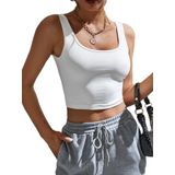 Kadın Kare Yaka Beyaz Slim Fit Crop Top Bluz (Beyaz, L)