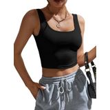 Kadın Kare Yaka Siyah Slim Fit Crop Top Bluz (Siyah, L)