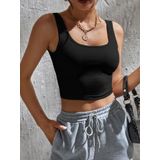 Kadın Kare Yaka Siyah Slim Fit Crop Top Bluz (Siyah, S)