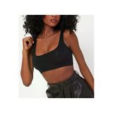 Kadın Kare Yaka Siyah Slim Fit Mini Crop Top Bluz