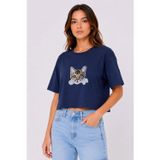Kadın Kedi Baskılı Oversize Crop Tişört Salaş Basic Yarım Kol T-Shirt - Lacivert