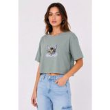 Kadın Kedi Baskılı Oversize Crop Tişört Salaş Basic Yarım Kol T-Shirt - Mint Yeşili