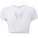 Kadın Kelebek Kristal Taş Baskılı Crop T-Shirt Beyaz - M