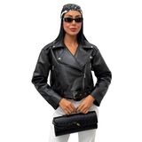 Kadın Kemerli Oversize Crop Deri Ceket - Kruvaze Yaka Biker Suni Deri Ceket