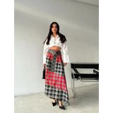 Kadın Kemerli Patchwork Ekose Maxi Etek