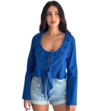 Kadın Keten Bluz Uzun Kollu Bağcık Detaylı Fırfırlı Yaka Yazlık Şık Crop Bluz Günlük Rahat Kombin Üst Giyim (Mavi, S)