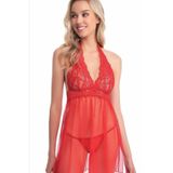 Kadın Kırmızı Dantel Babydoll Gecelik Transparan Tül İç Giyim Takımı