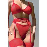Kadın Kırmızı Dantel Jartiyerli Fantazi İç Giyim Takımı 4 Parça