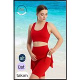 Kadın Kırmızı Etekli Biker Şortlu Mayo Takım Göğüs Pedli Yüksek Bel Toparlayıcı Büyük Beden Uyumlu - XL