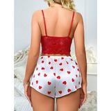 Kadın Kırmızı Kalp Desenli Şort Askılı Dantel Üst Pijama Takımı 2218 - S - M