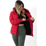 Kadın Kırmızı Kapüşonlu Içi Polarlı Kürklü Su Geçirmez Rüzgara Dayanıklı Şişme Mont Kaban Parka - 3XL