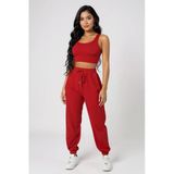 Kadın Kırmızı Kaşkorse Cepli Jogger Eşofman Altı ve Crop Top Bluz - Şık, Rahat ve Kolay Kombinlenebi