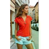 Kadın Kırmızı Mercan Kısa Kollu Fitilli Kaşkorse Viskon Pamuk Polo Yaka Bluz T-Shirt 700-2879242