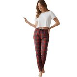 Kadın Kırmızı Pijama Altı Süet Kumaş Ekoseli Rahat Kalıp Kurdeleli Esnek Yumuşak Doku Cepsiz (Kırmızı, 2XL)