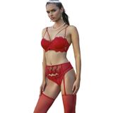 Kadın Kırmızı Push Up Destekli Sütyen Külot Jartiyerli Çorap Takım, 80B, B2491NT-19804IGP27190988