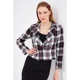 Kadın Kırmızı-Siyah Kruvaze Yaka Tüvit Crop Ceket ARM-24K001014