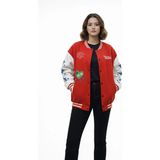 Kadın Kırmızı Varsity Çıtçıtlı Baskılı Oversize Kalıp Kolej Ceket - Kırmızı